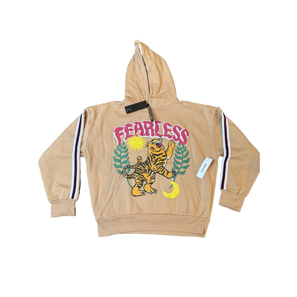 Reason Hoodie Mens Large Khaki Fearless Tiger Graphic Pullover Sweatshirt F3-54